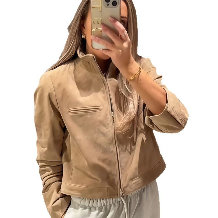 Dame cropped læderjakke med høj krave og innovativ lynlås Stilla