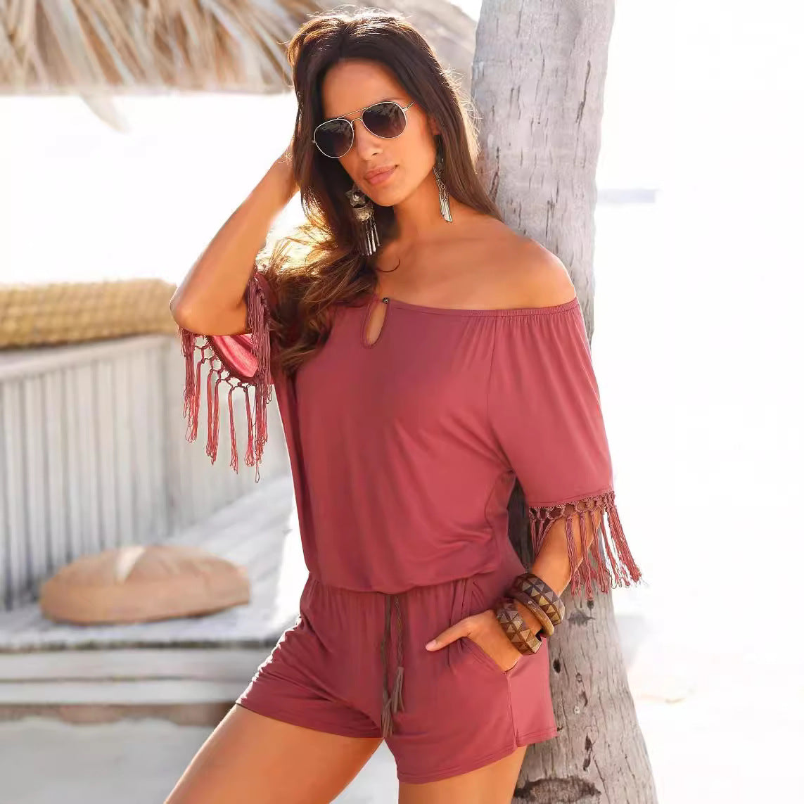 Dame bohemeinspireret frynse-jumpsuit Stilla