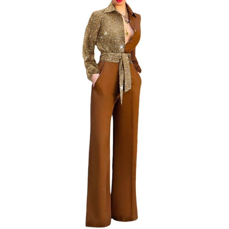 Kvinder Elegant Jumpsuit med glitrende overdel og bredt ben Stilla