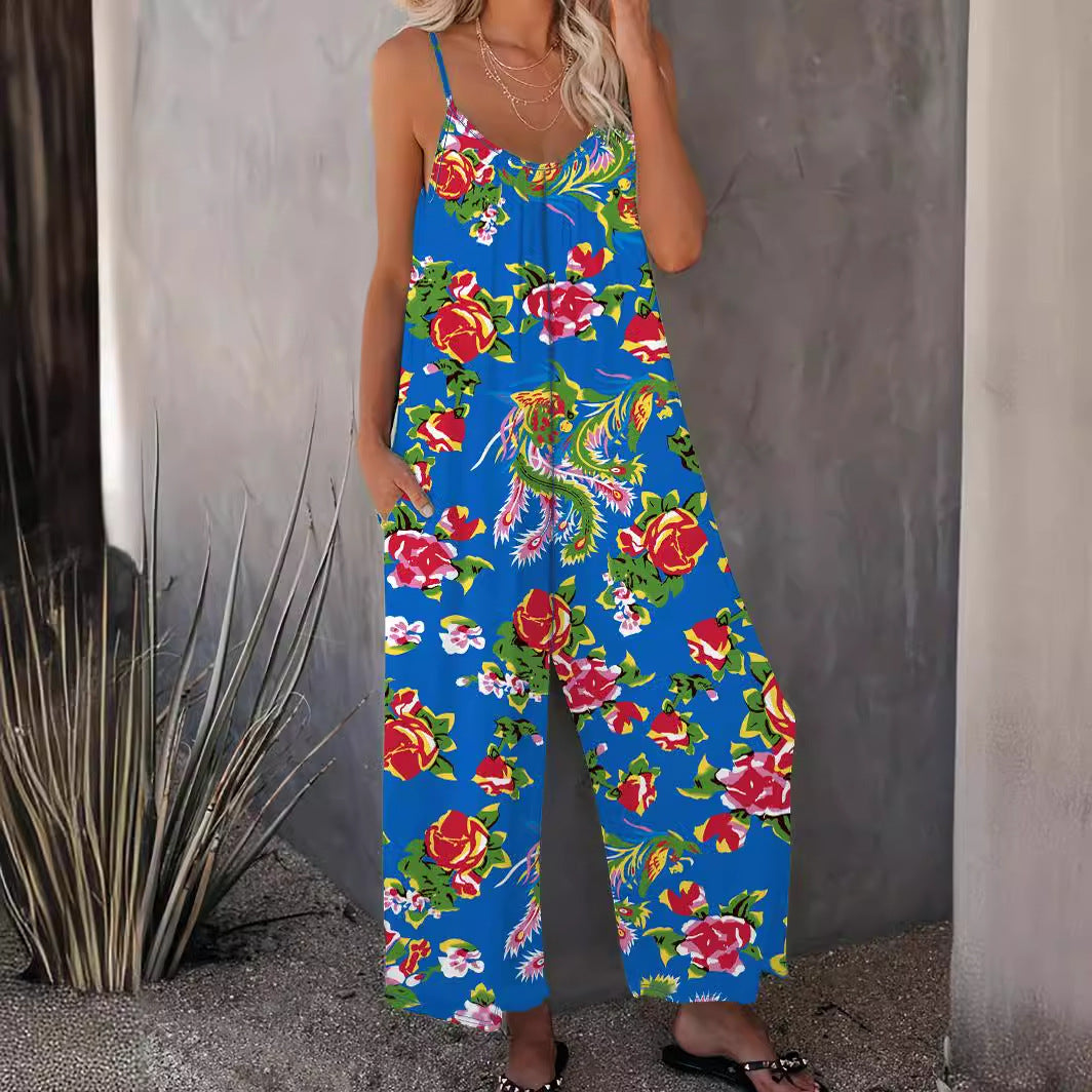 Dame Floral Print Bredbenet Jumpsuit Stilla