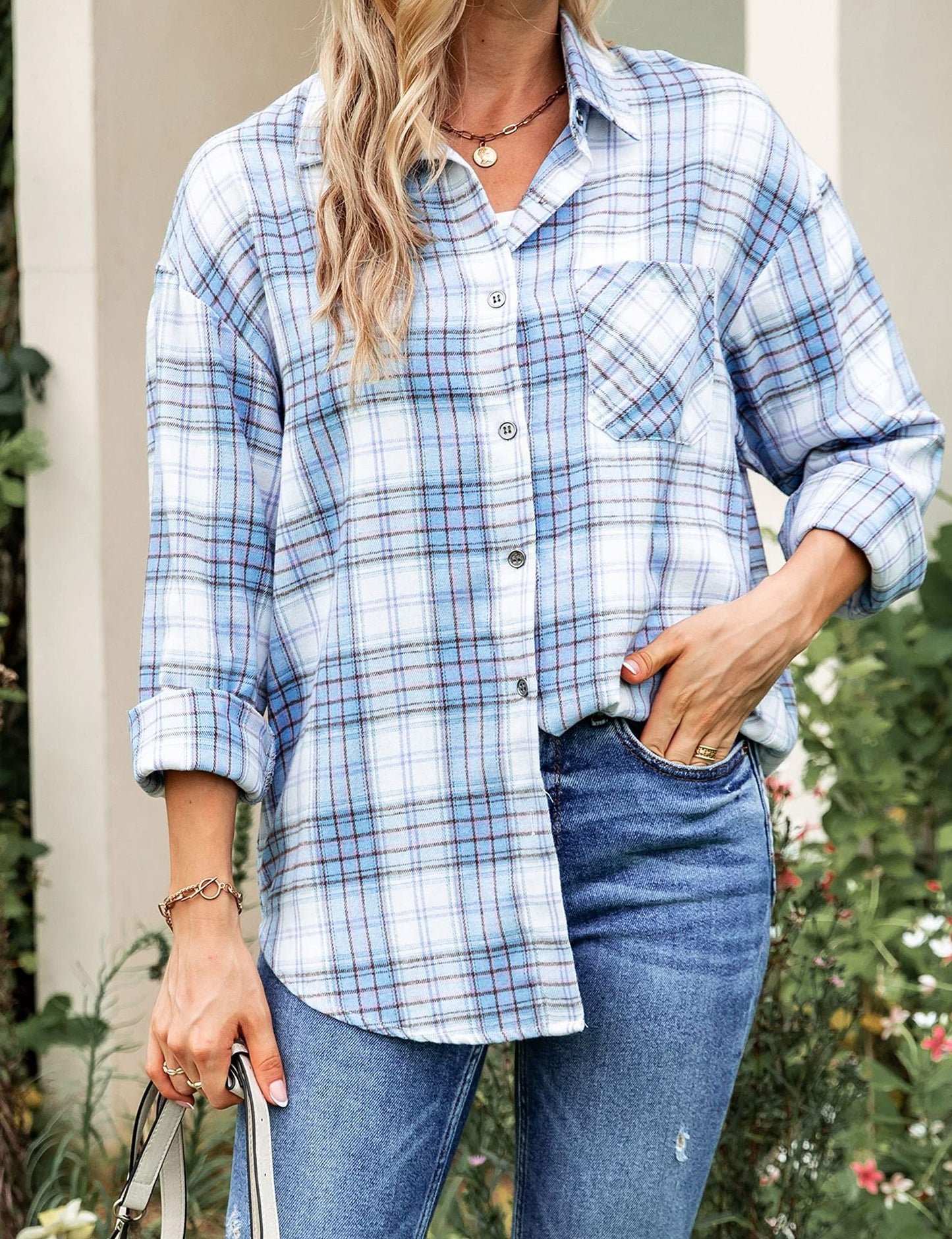 Femme Afslappet Fit Flannel Knap-Up Skjorte Stilla