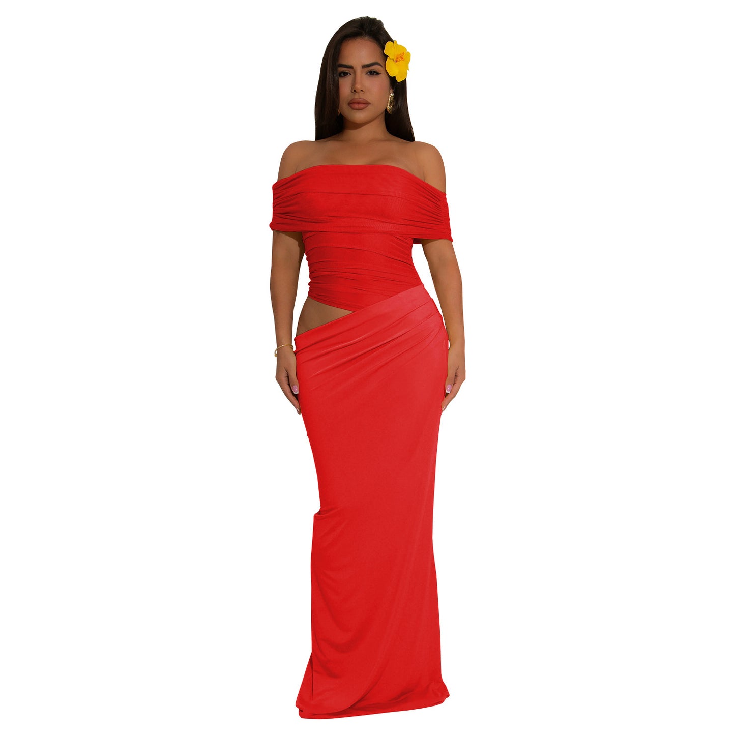 Dame Elegant Off-Shoulder-Maxi-Kjole med figursyet snit og rynk Stilla