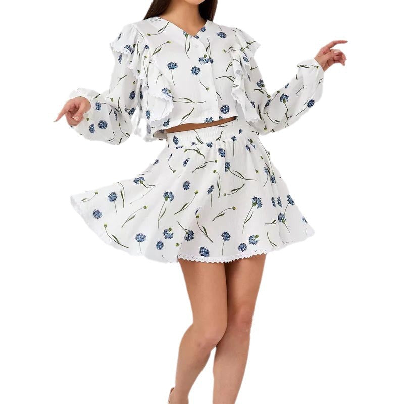 Dame Crop-Top og Nederdel Sæt med Rynkedetaljer og Blomster Mønstre Stilla