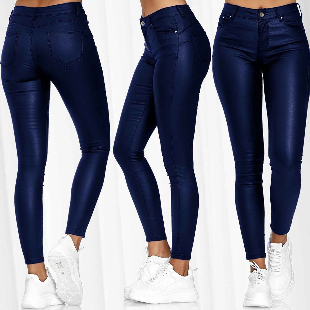 Dame Højdeskåret Skinny Jeans i Læderlook med Lommer Stilla