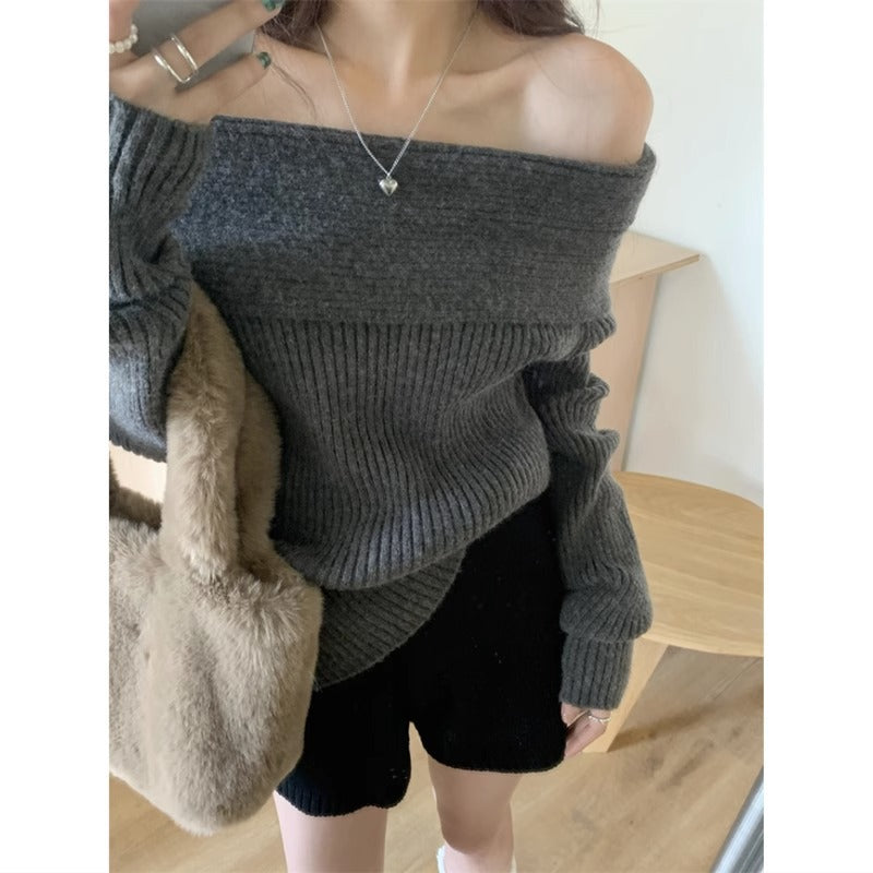 Dame blød strikket pullover med åben skulder Stilla