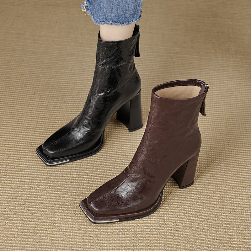 Femme Chunky Heel Læder Ankelstøvler med Lynlås Stilla