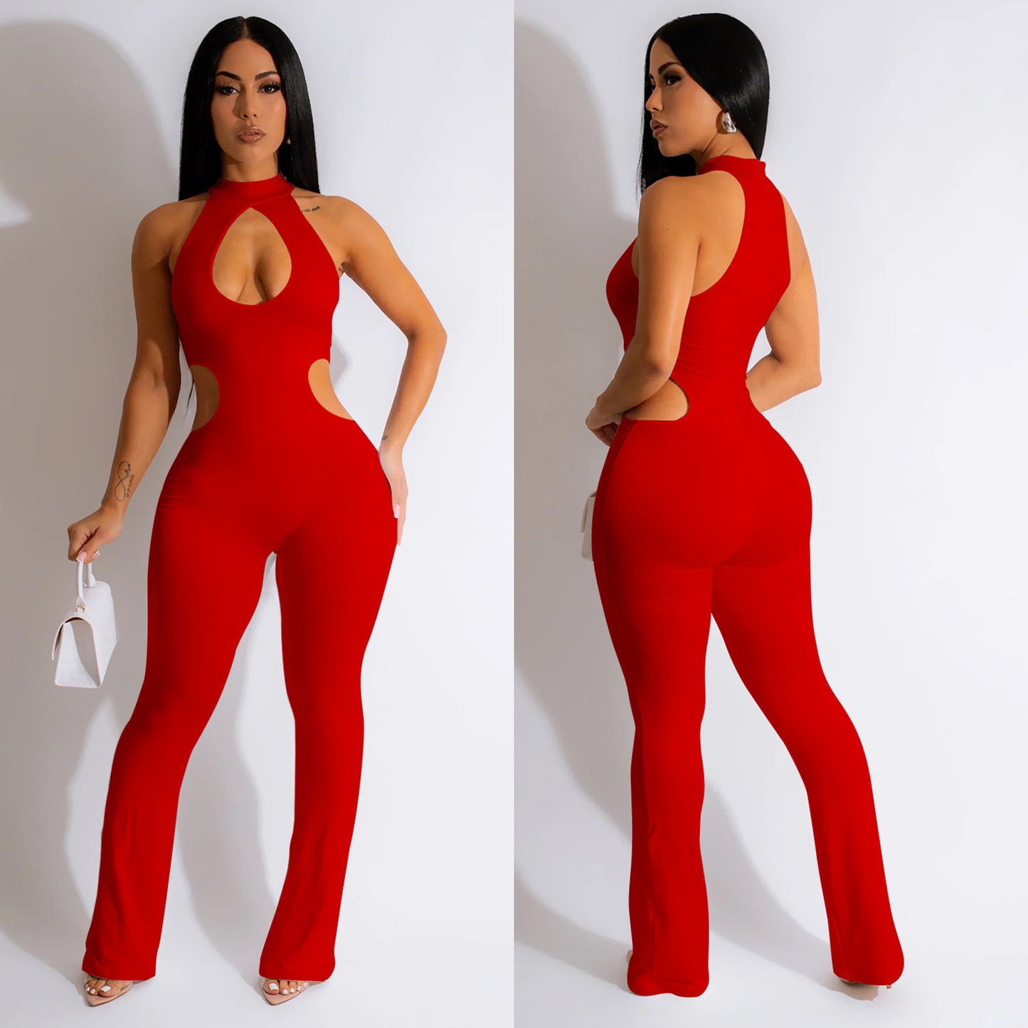 Dame Figurtilpasset Cut-Out Jumpsuit med høj krave og sideløbende udskæringer Stilla