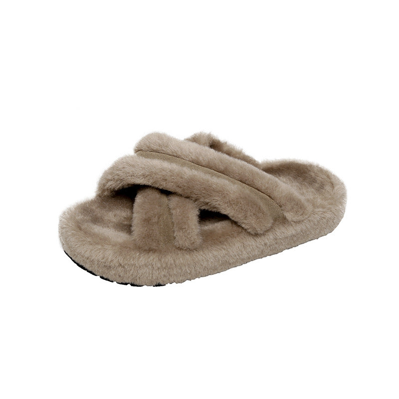 Dame hjemmesko lavet af fluffy materiale med trendy krydsbånd-design Stilla