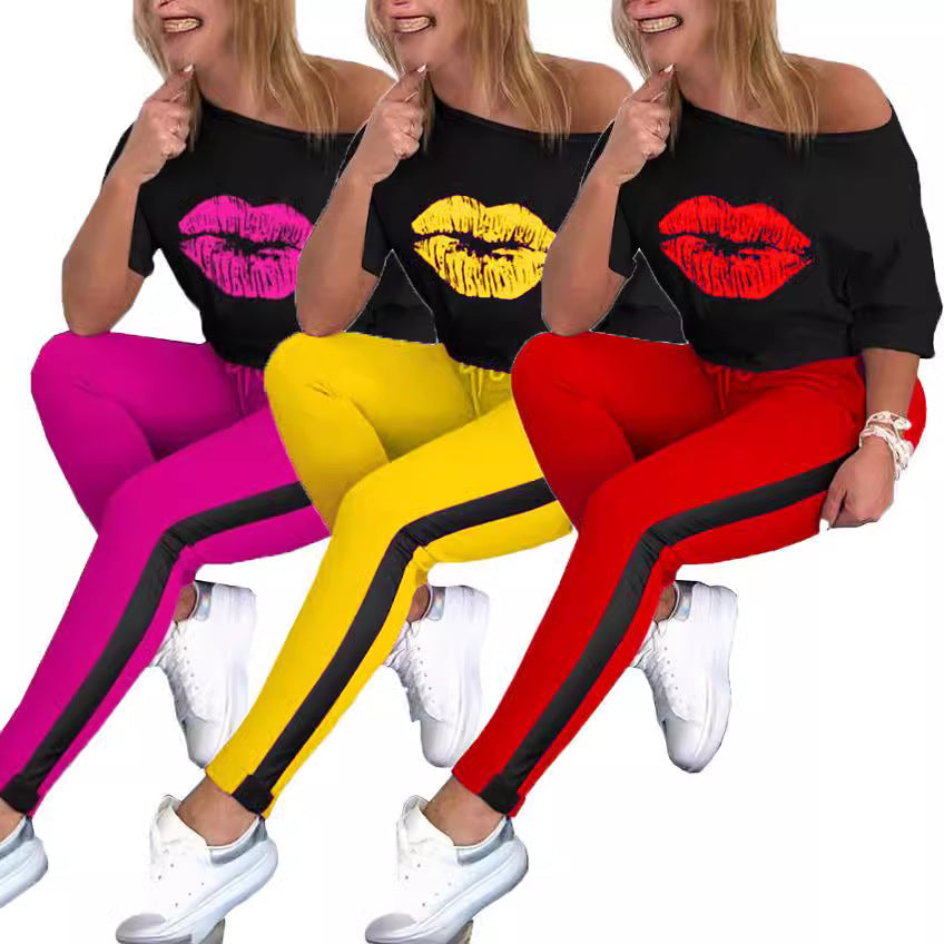 Dame Casual Grafik T-Shirt og Sport Leggings Sæt Stilla