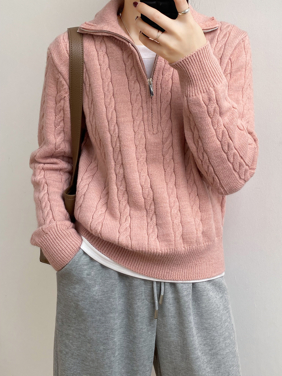 Femme Kabelstrik V-kvart-lynlå Pullover Sweater Stilla