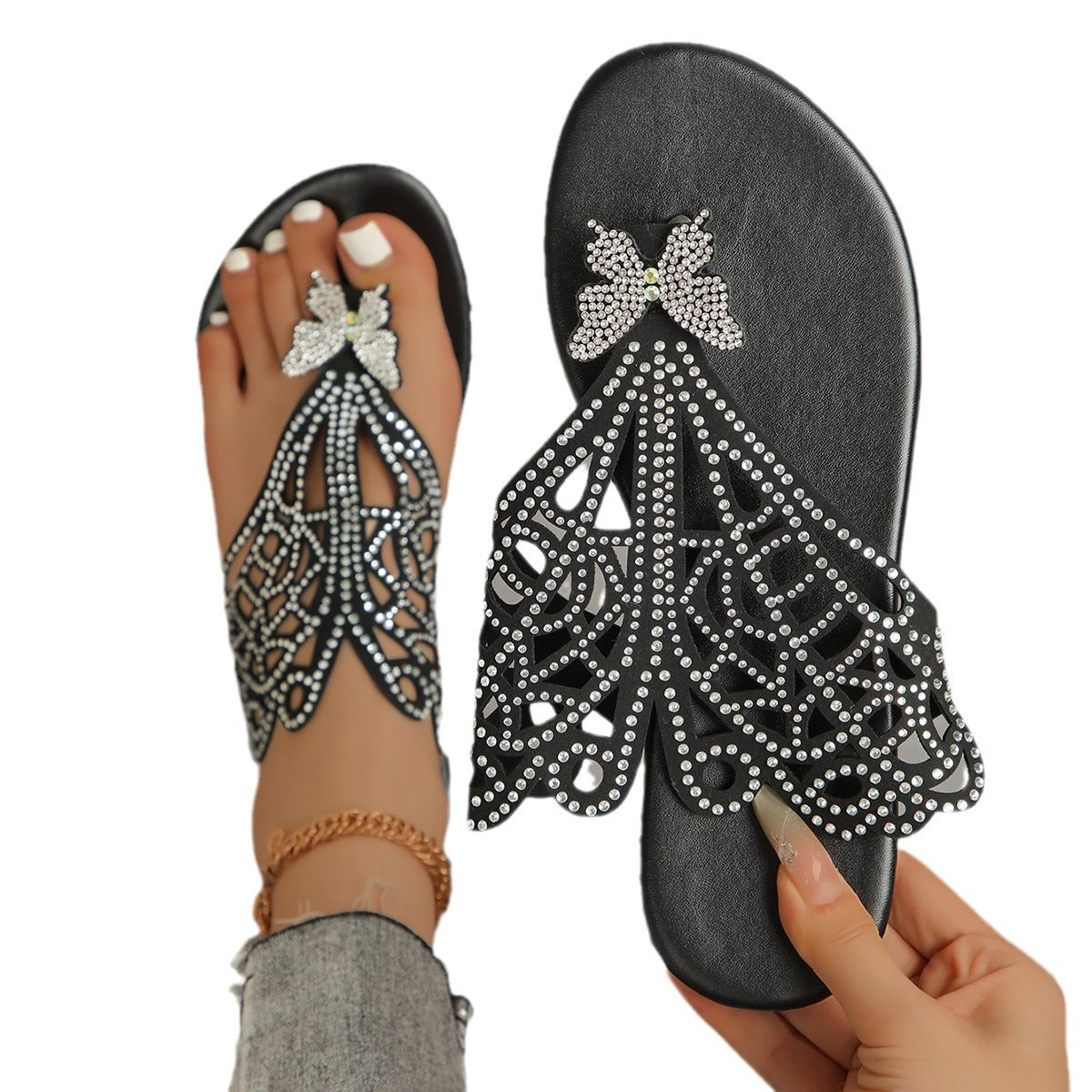 Dame Glitrende Pantoletten med filigran Sommerfugle-design og elegante Strass-applikationer Stilla