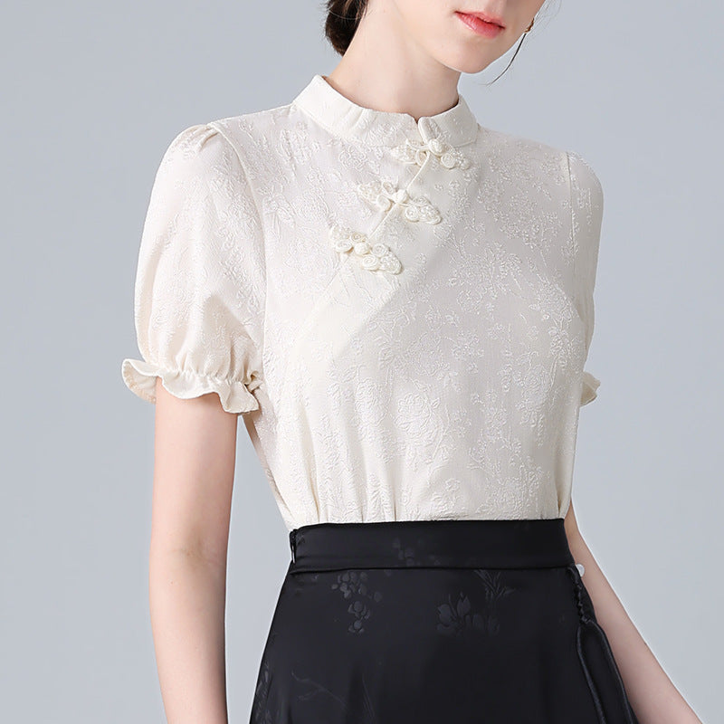 Dame Elegant Bluser T-shirt med asymmetrisk krave og floral struktur Stilla