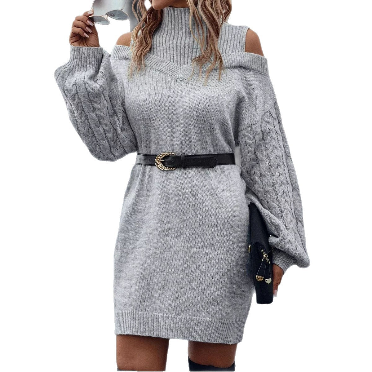Femme Off-Shoulder Kabelstrik Pullover Kjole Stilla