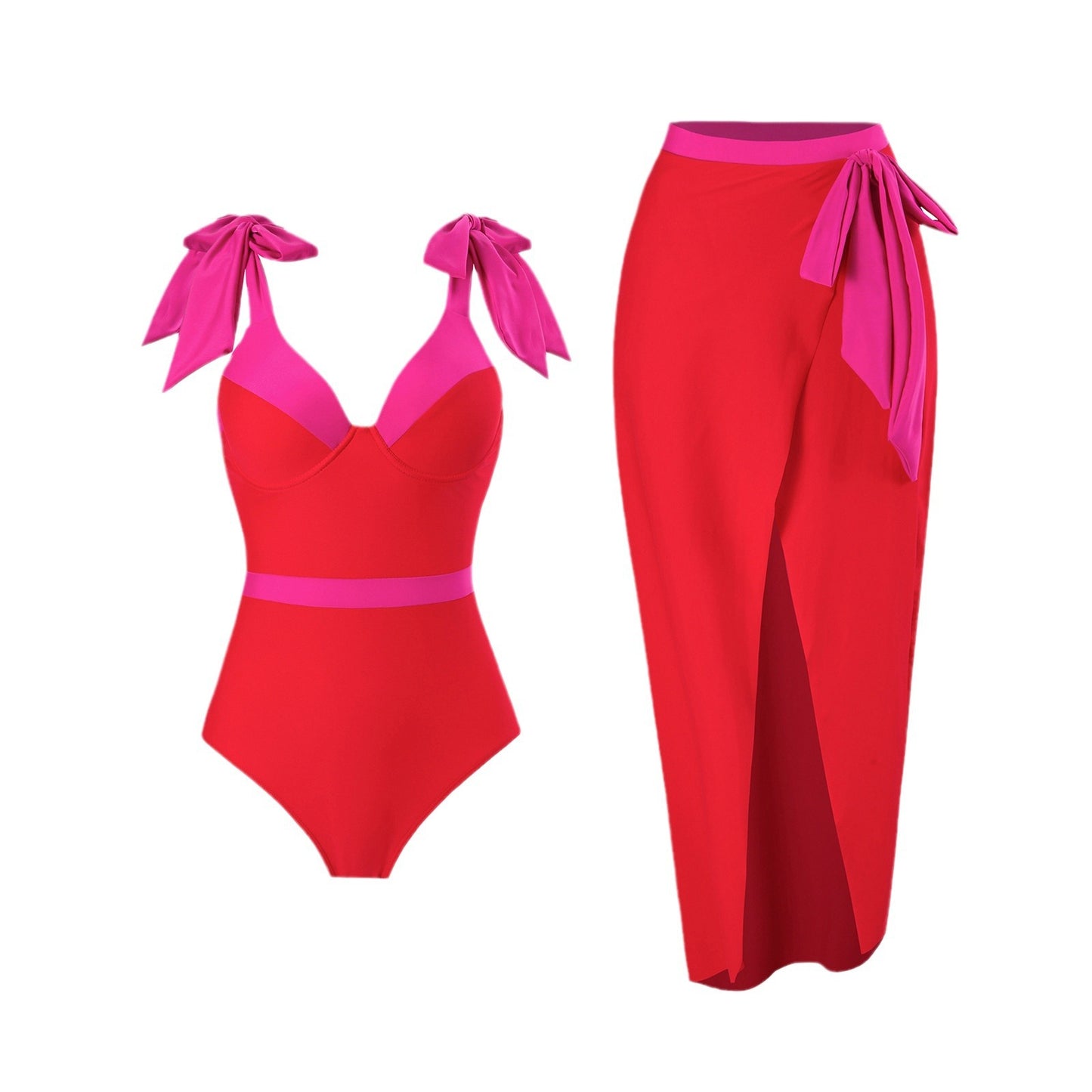 Dame Elegant Badedragt med aftagelig omslagskørt og farvematching sløjfer Stilla