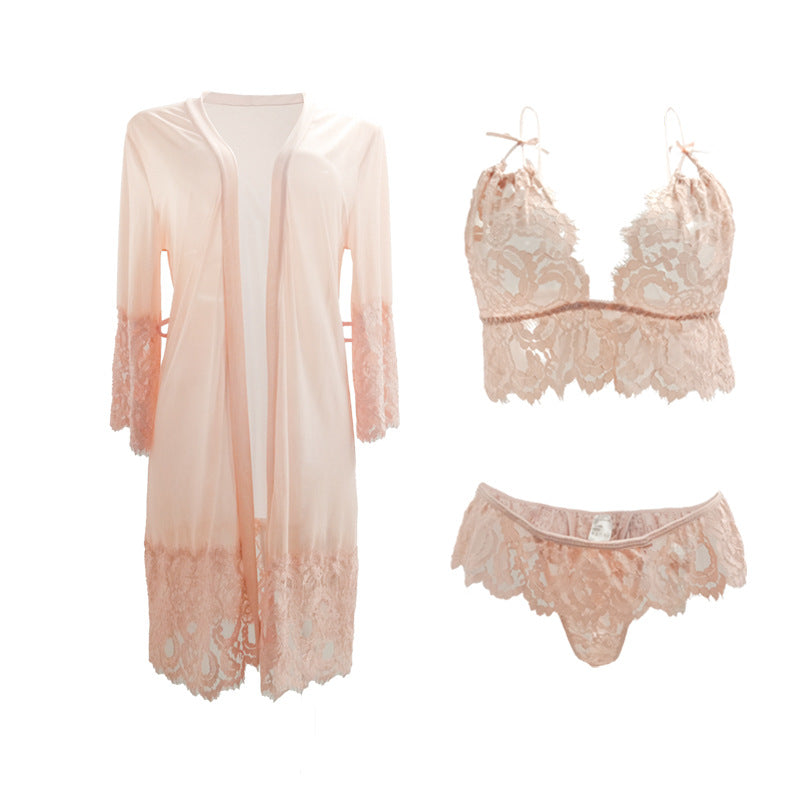Dame blond babydoll sæt med gennemsigtig kimono og dekorerede stropper Stilla