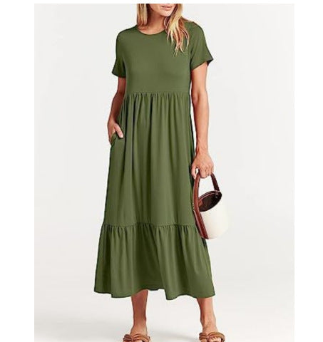 Dame afslappet maxikjole med elastisk talje og dyb flæse Stilla