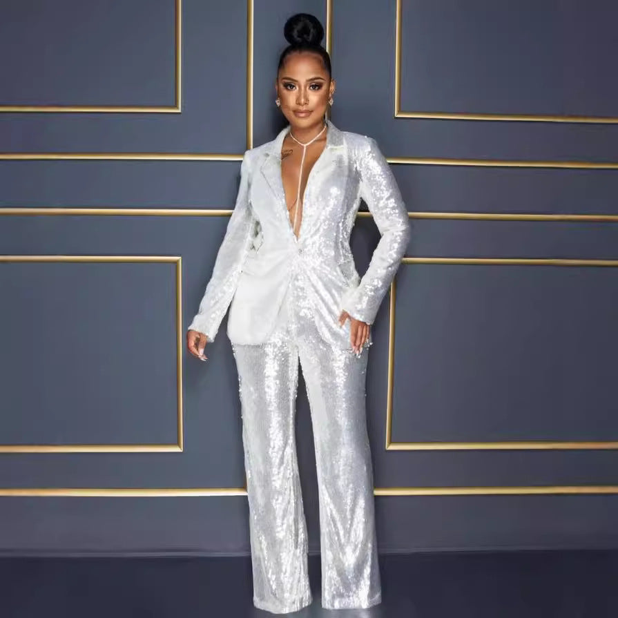 Dame Glitterende Jumpsuit sæt med tætsiddende silhuet og glitrende detaljer Stilla