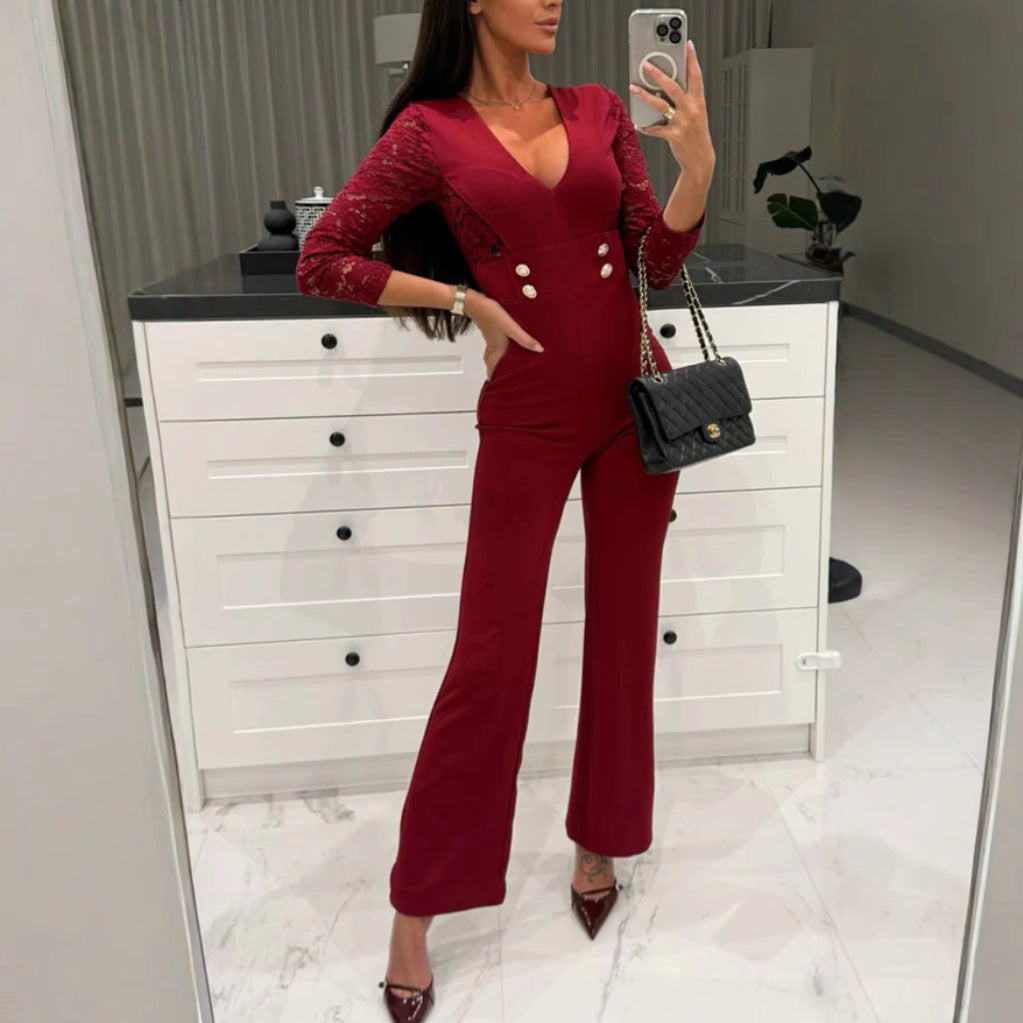 Dame Elegant Jumpsuit med Spidsermer og Taljebælte Stilla