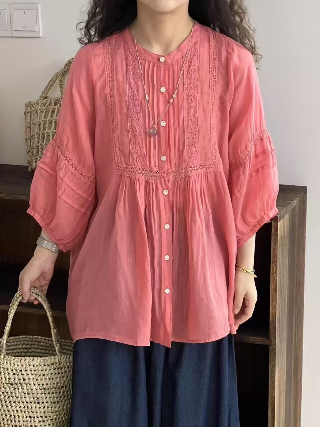 Dame Button-Up Bohemian Bluse med Blonde Stilla