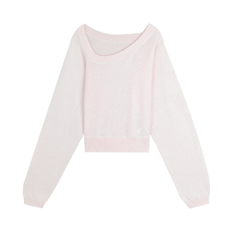 Dame cropped striktrøje med bred rund halsudskæring og balloning ærmer Stilla