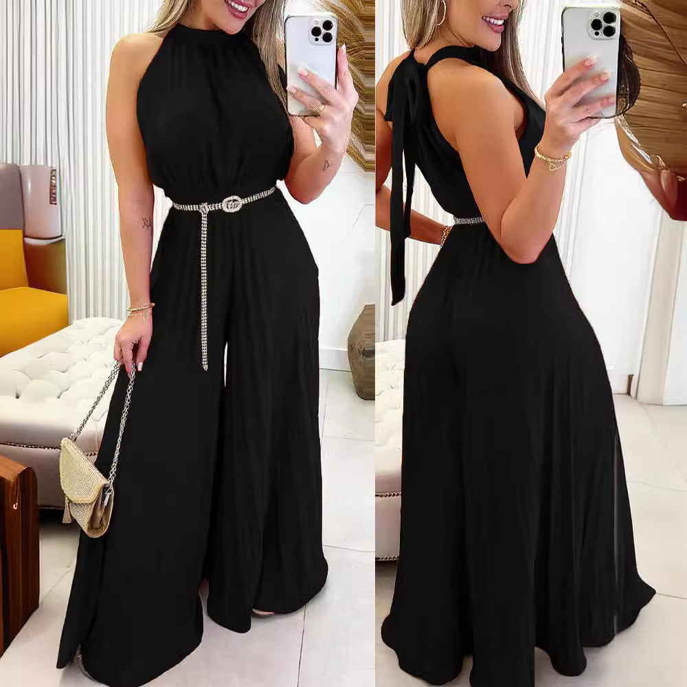 Dame Elegant Jumpsuit med bredt ben og taljebælte Stilla