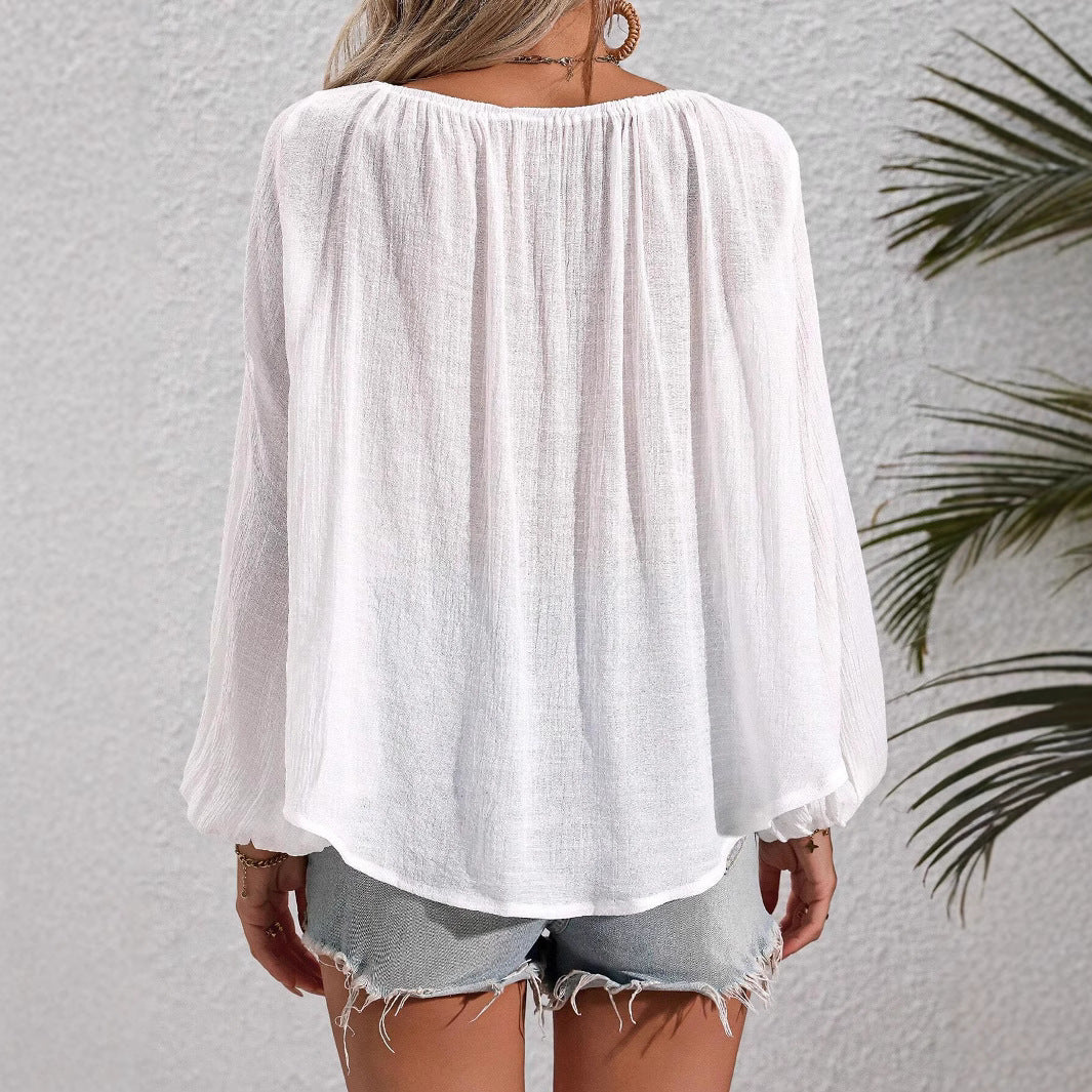 Dame afslappet bluse med romantisk snøre rør-design og løst skårne ærmer Stilla