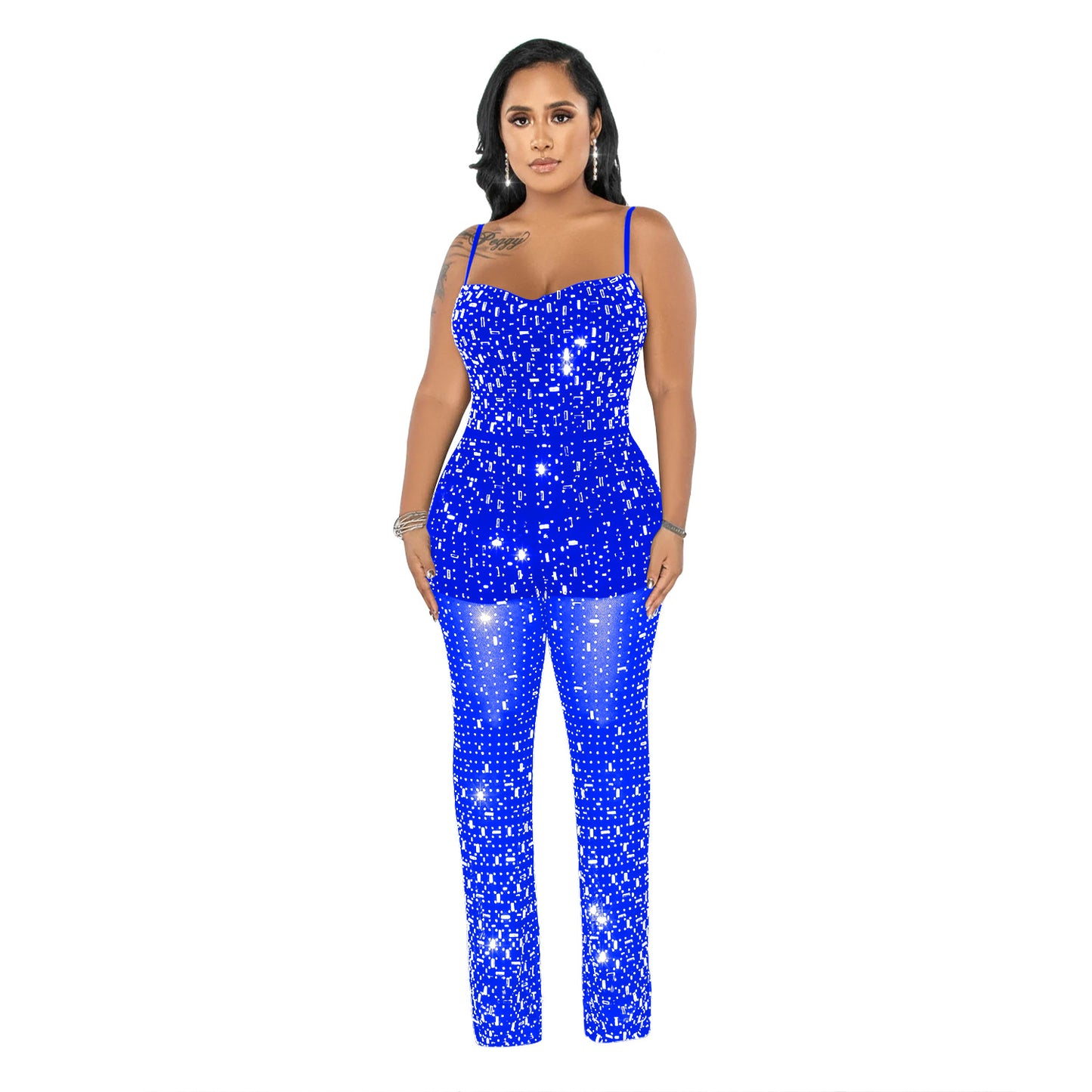 Dame Glitrende Jumpsuit med transparente indsatser og funkende paljetter Stilla