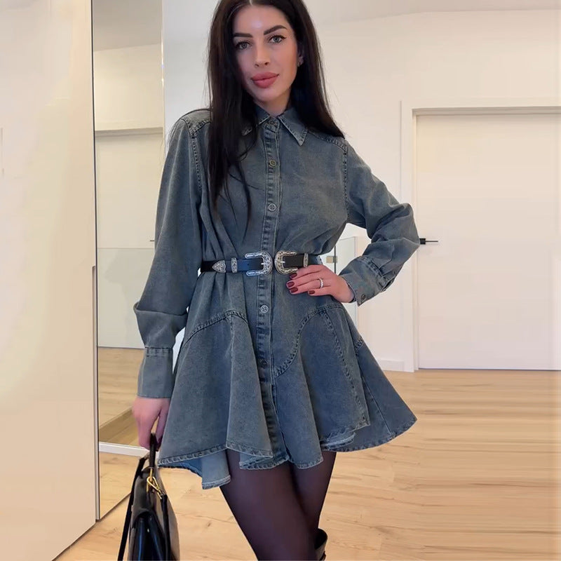 Dame jeans skjorte kjole med tætsiddende bælte og vidde svingende skirt Stilla