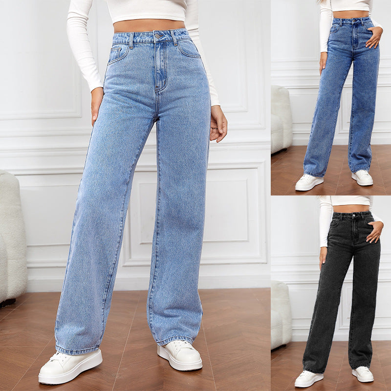 Dame Høj Talje Jeans i Vintage Stil med Bred Ben Stilla