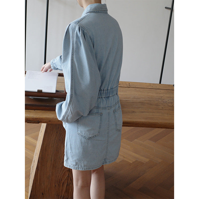 Dame Denim Skjorte Kjole med sidelommer og elastisk Talje Bånd Stilla