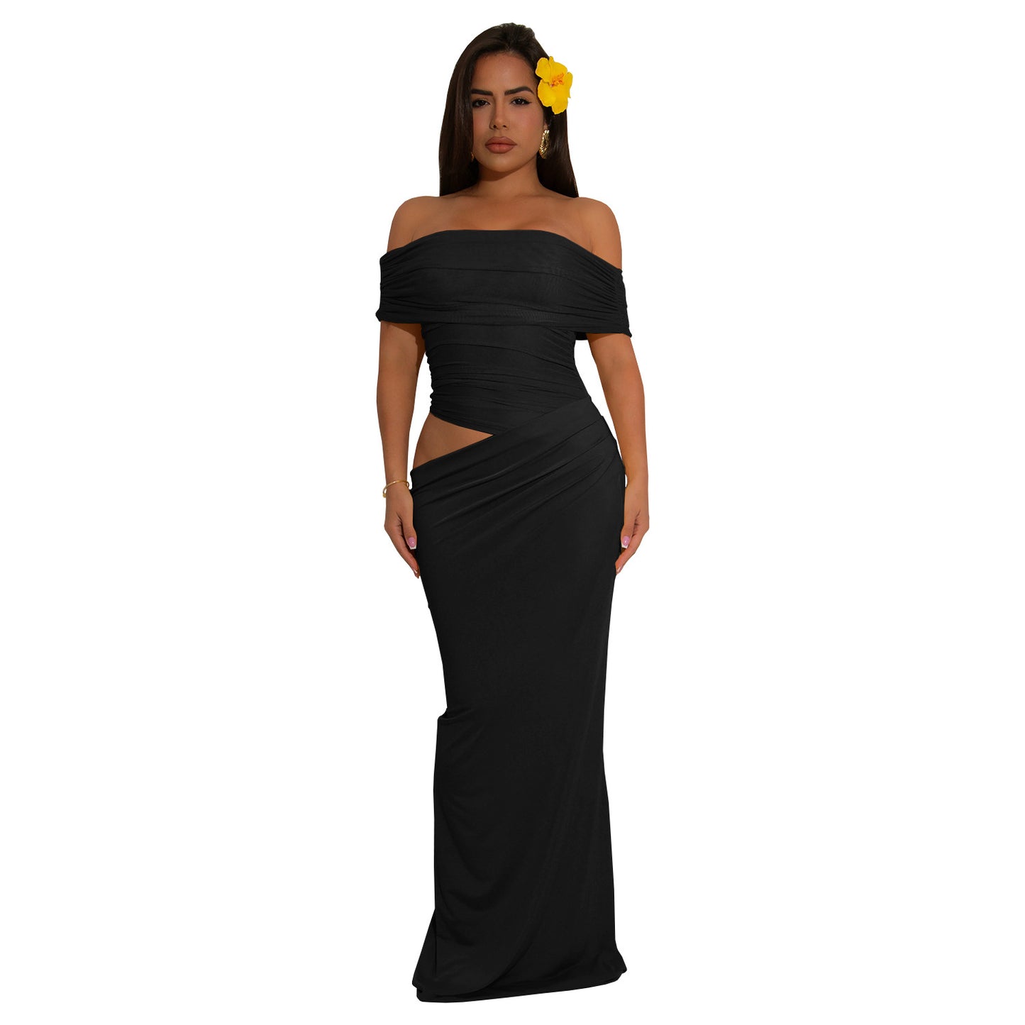 Dame Elegant Off-Shoulder-Maxi-Kjole med figursyet snit og rynk Stilla