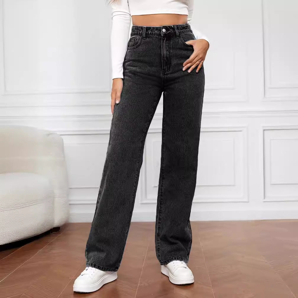 Dame Høj Talje Jeans i Vintage Stil med Bred Ben Stilla