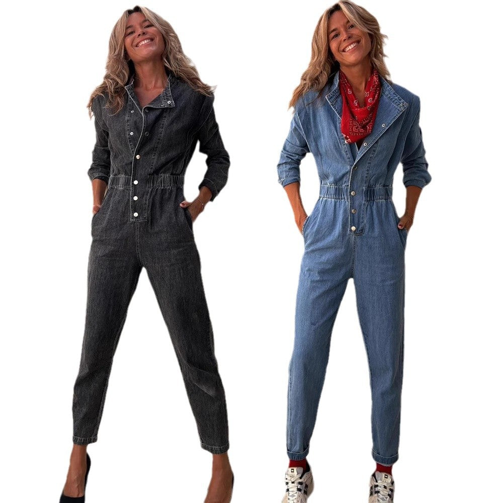 Dame Denim Jumpsuit med figursyede detaljer og praktiske lommer Stilla