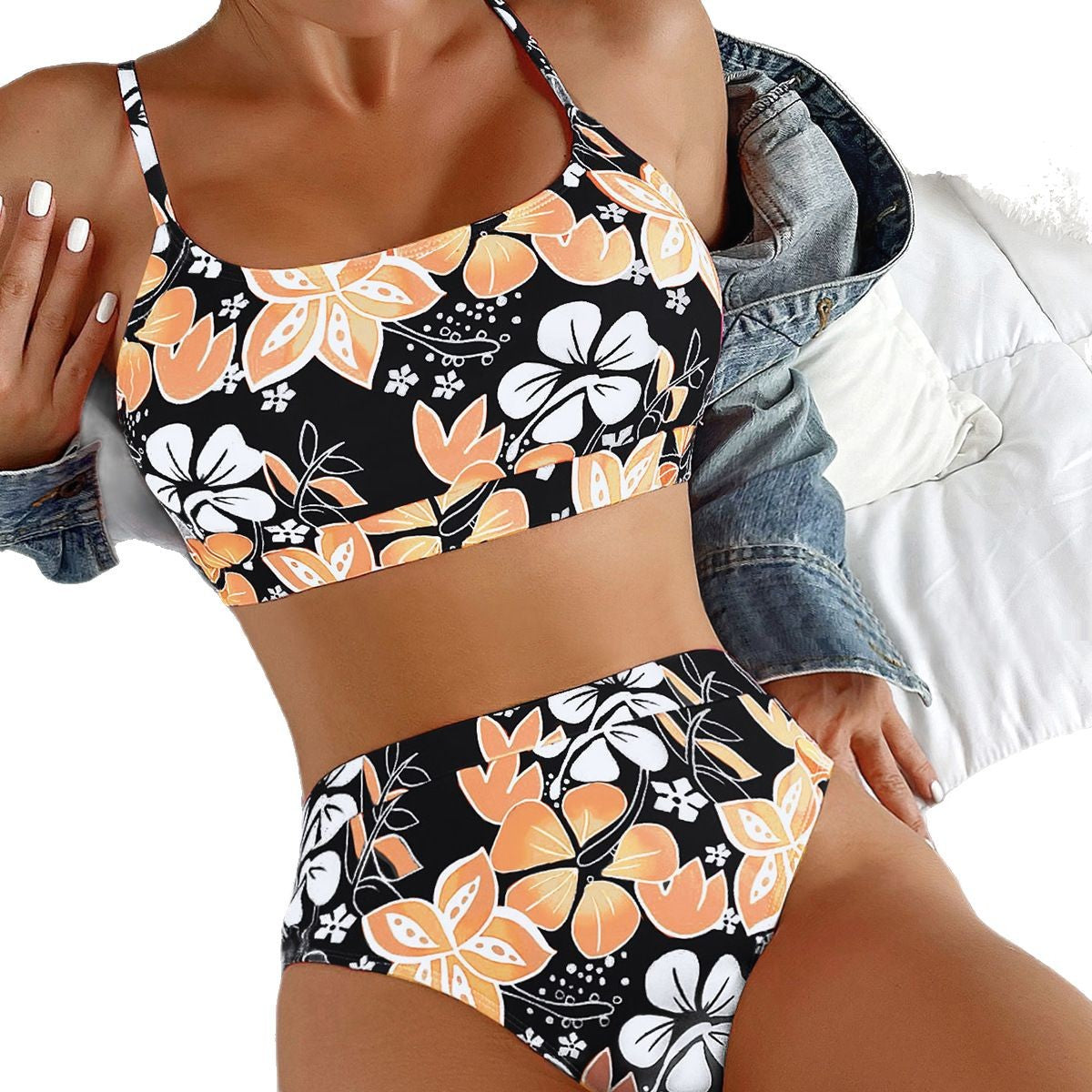 Dame Højtaljet Bikini-Sæt med blomster mønstre og sporty top Stilla