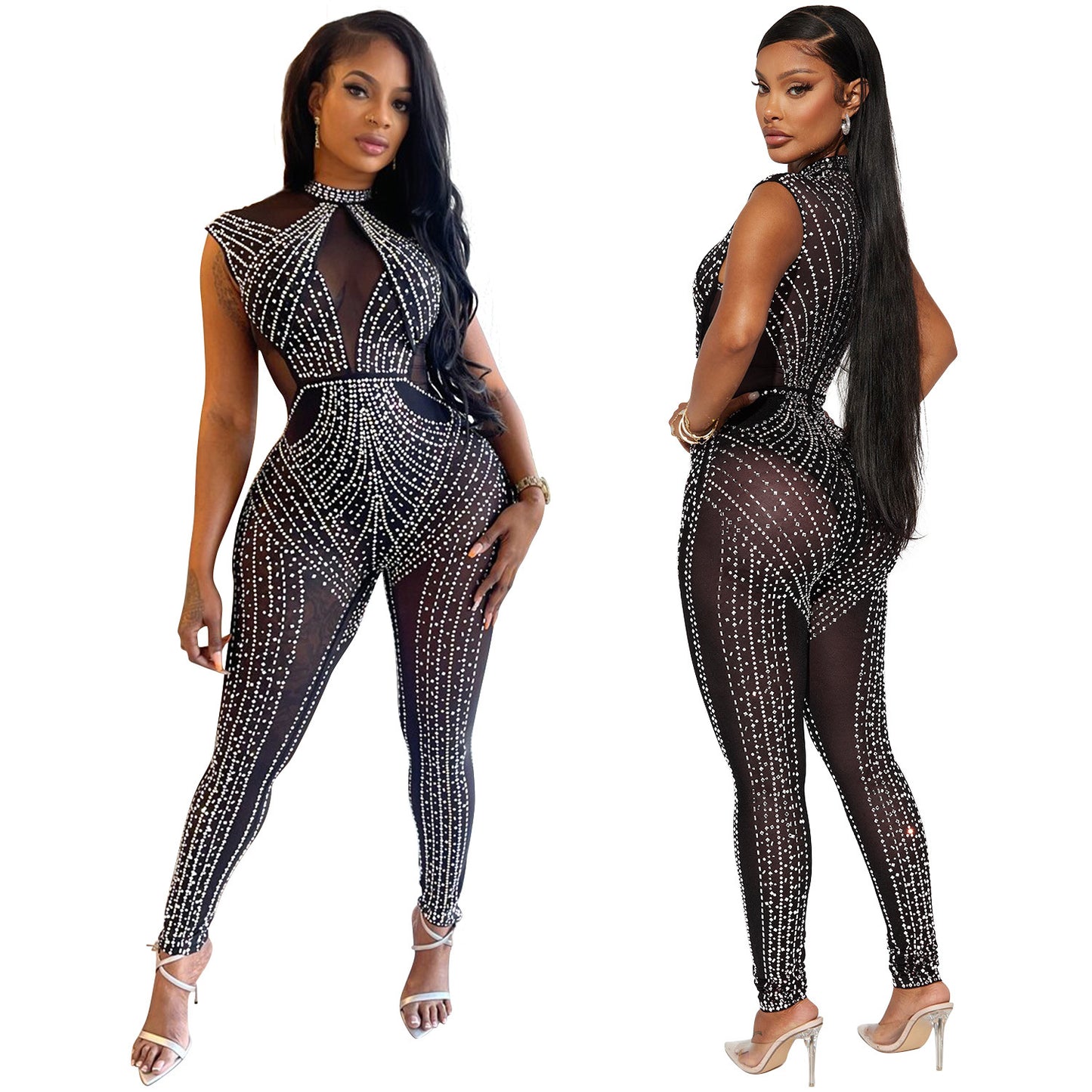 Dame Glamourøs Bodycon Jumpsuit med glitrende rhinsten dekorationer og transparente indsatser Stilla