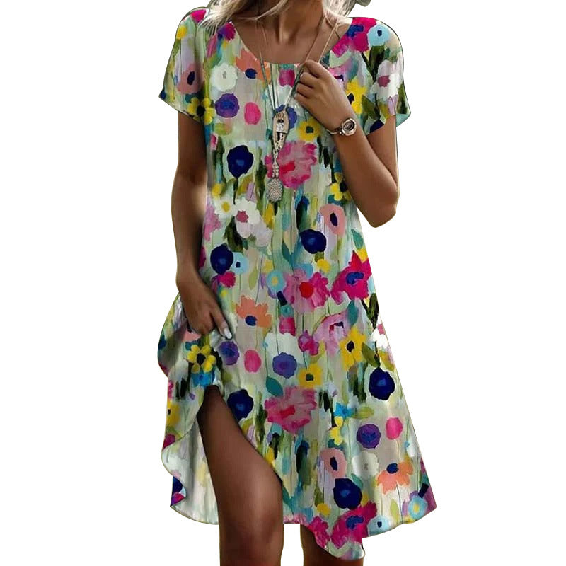 Dame afslappet sommerkjole med blomster mønster og asymmetrisk kant Stilla