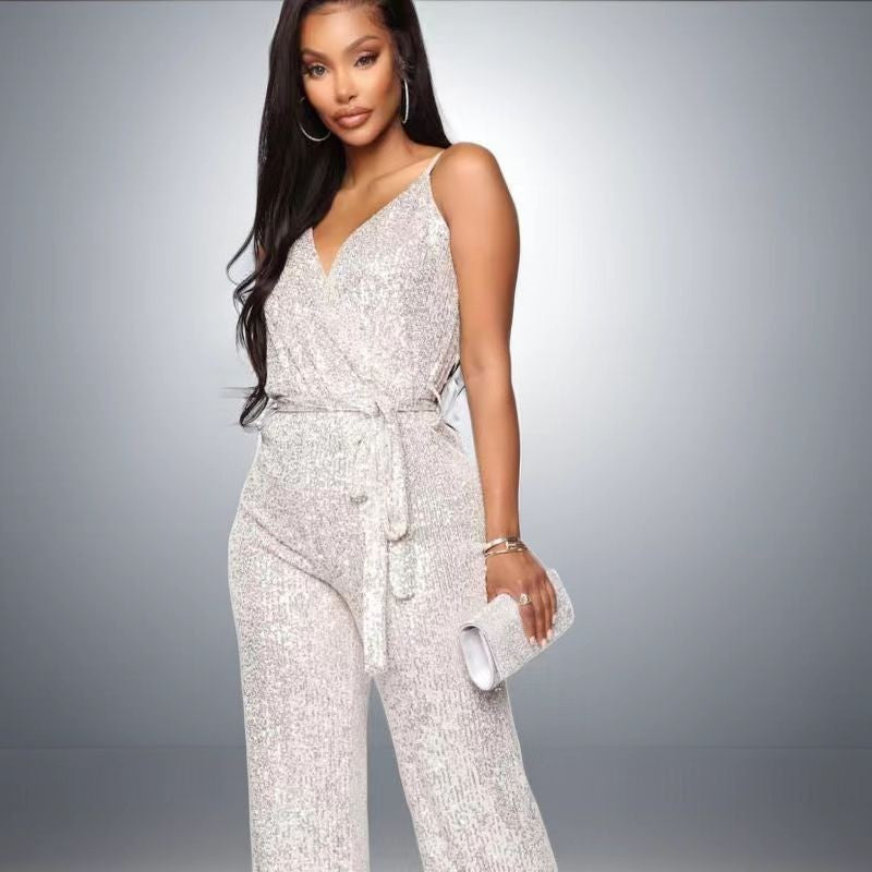 Dame jumpsuit med funkende paletter og dyb V-udskæring Stilla
