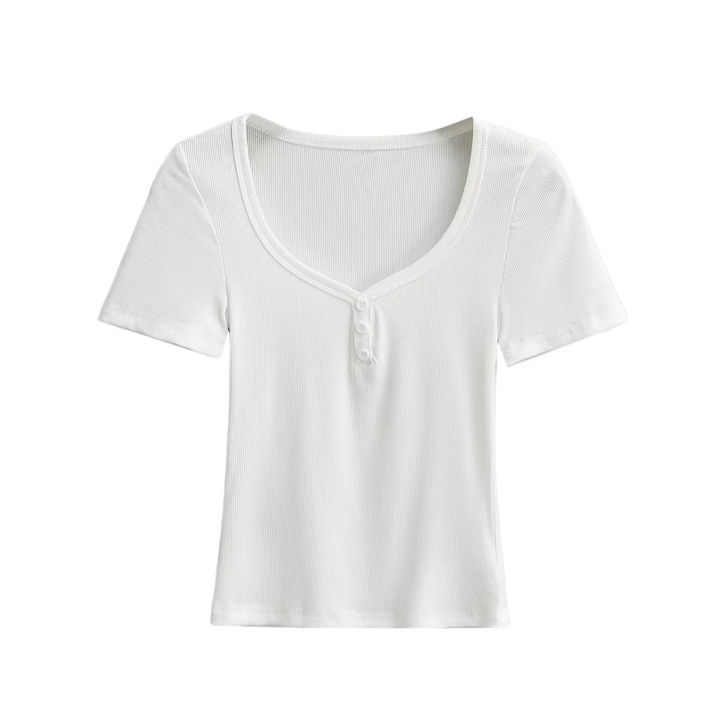 Dame elegant basis-overdel med dyb rund halsudskæring og knapdetaljer Stilla