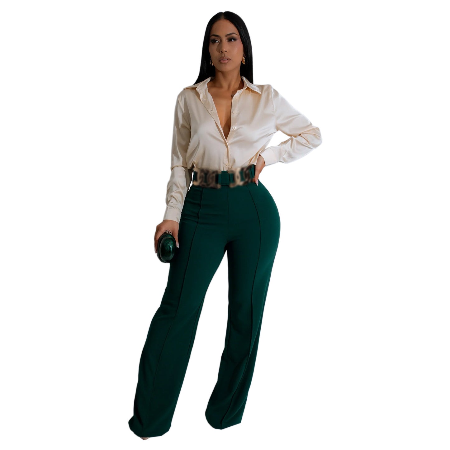 Dame Elegant bluse- og bukse-sæt med høj talje og glansfuldt finish Stilla