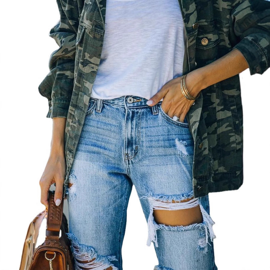 Dame Destroyed Jeans i afslappet Boyfriend-snit med frynse-detaljer Stilla