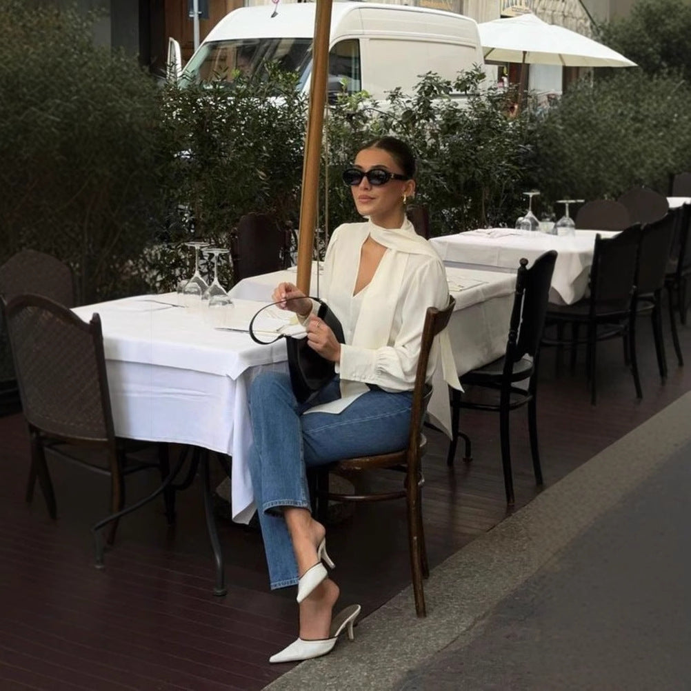 Dame elegant bluse med smal krave og stilfuld slids Stilla