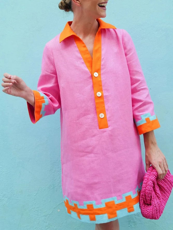 Dame afslappet linnedress med farverige accenter og smart krave Stilla