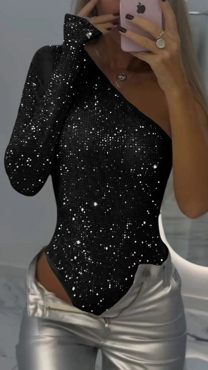 Dame Glitrende Bodysuit med asymmetrisk Udsnit og langærmet Stilla