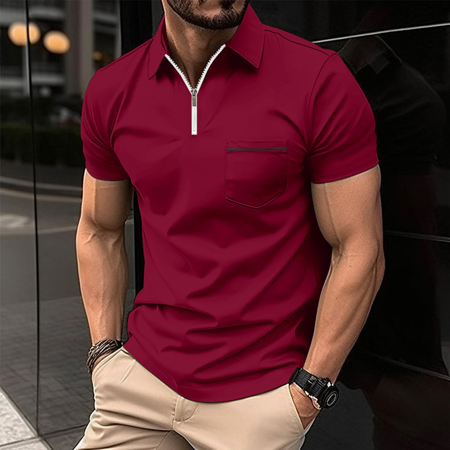 Herrer polo shirt med moderne kort lynlås og brystlomme Stilla