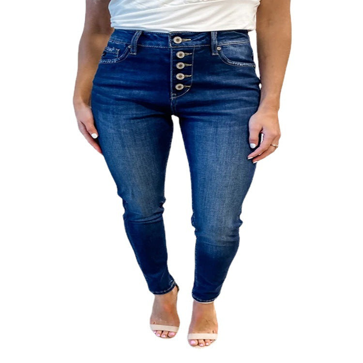 Dame Højtskårne Skinny Jeans med Knapperække og Optimal Komfort Stilla