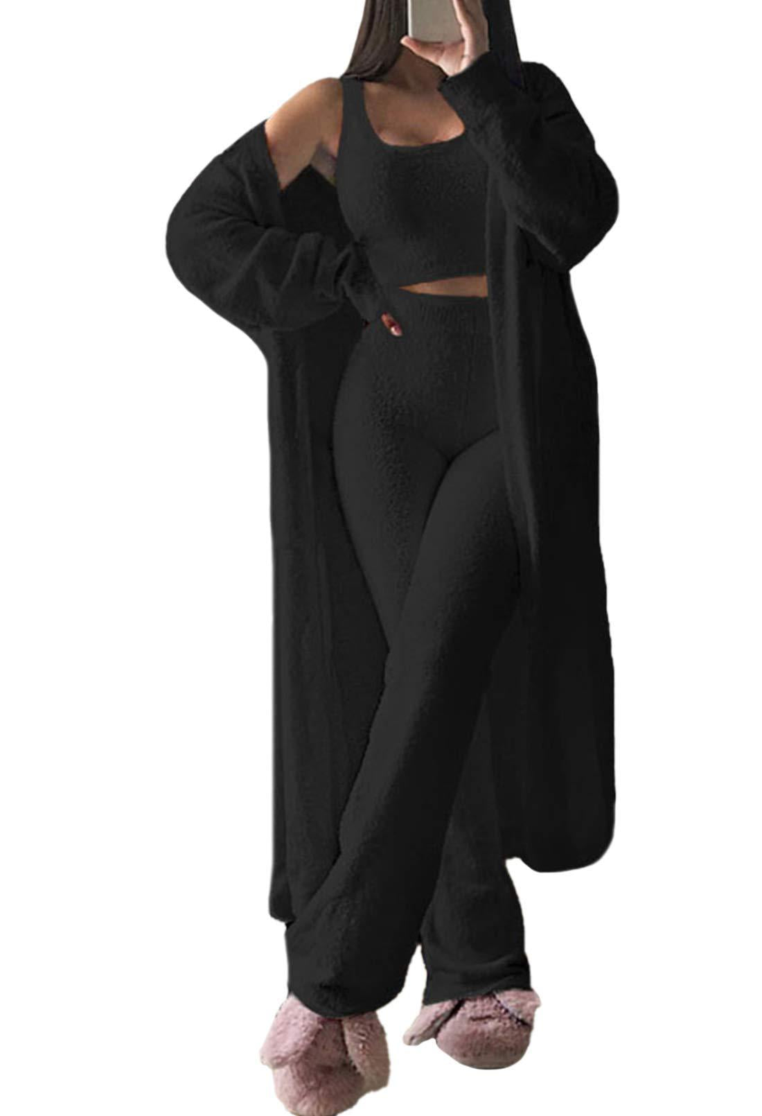 Dame komfortabel strik-loungewear-sæt med cardigan og dyb talje Stilla
