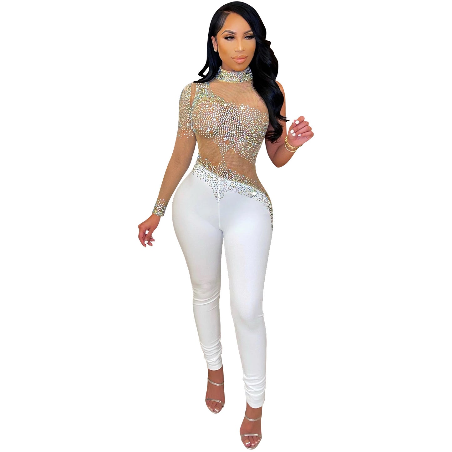 Dame Glamourøs Jumpsuit med glitrende strass dekorationer og gennemsigtig top Stilla