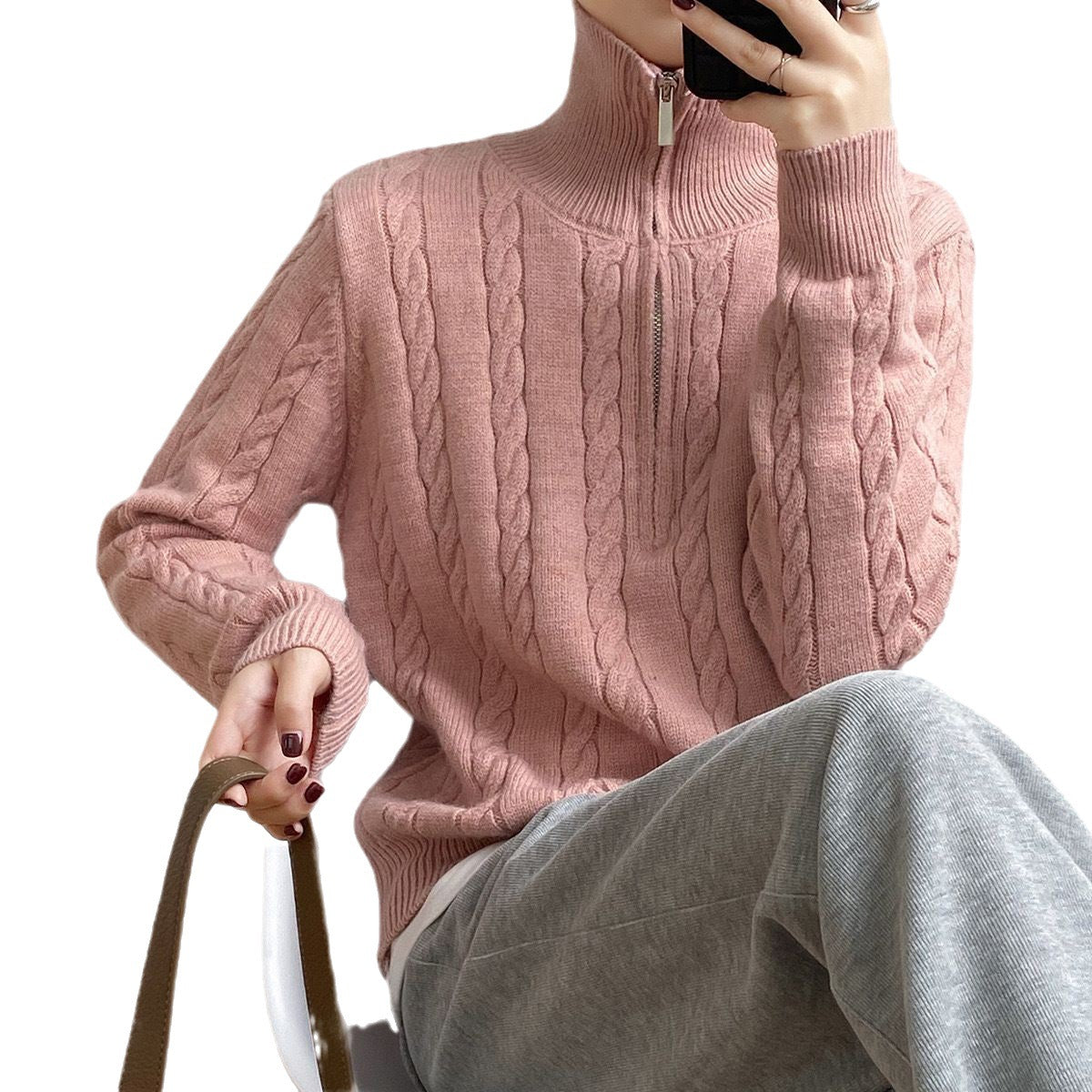 Femme Kabelstrik V-kvart-lynlå Pullover Sweater Stilla