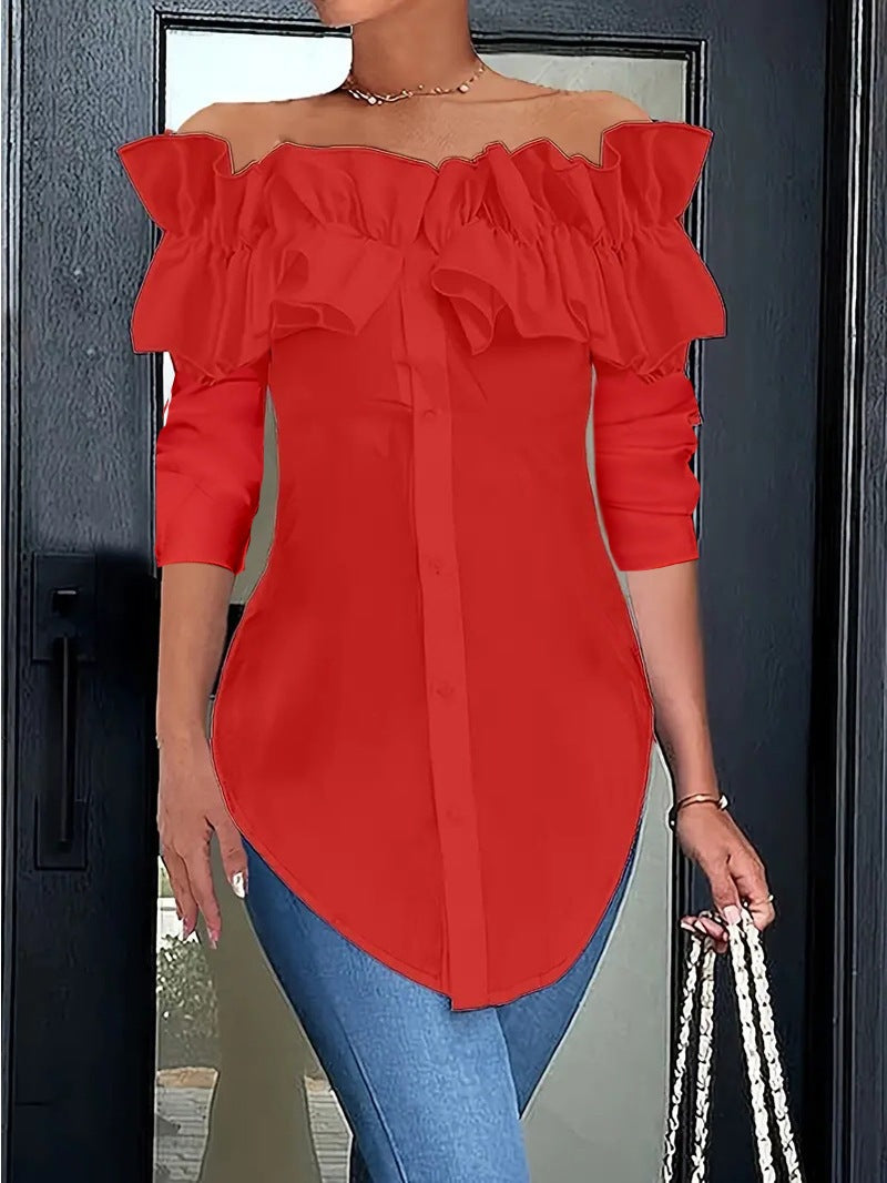 Dame Elegant Bluse med Ruffle detaljer og hjerteformet U-udskæring Stilla