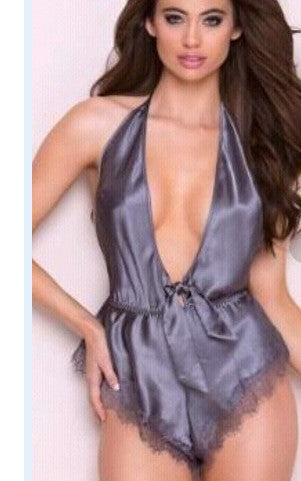 Dame Satin Halterneck Bodysuit med Spidsbesætning Stilla